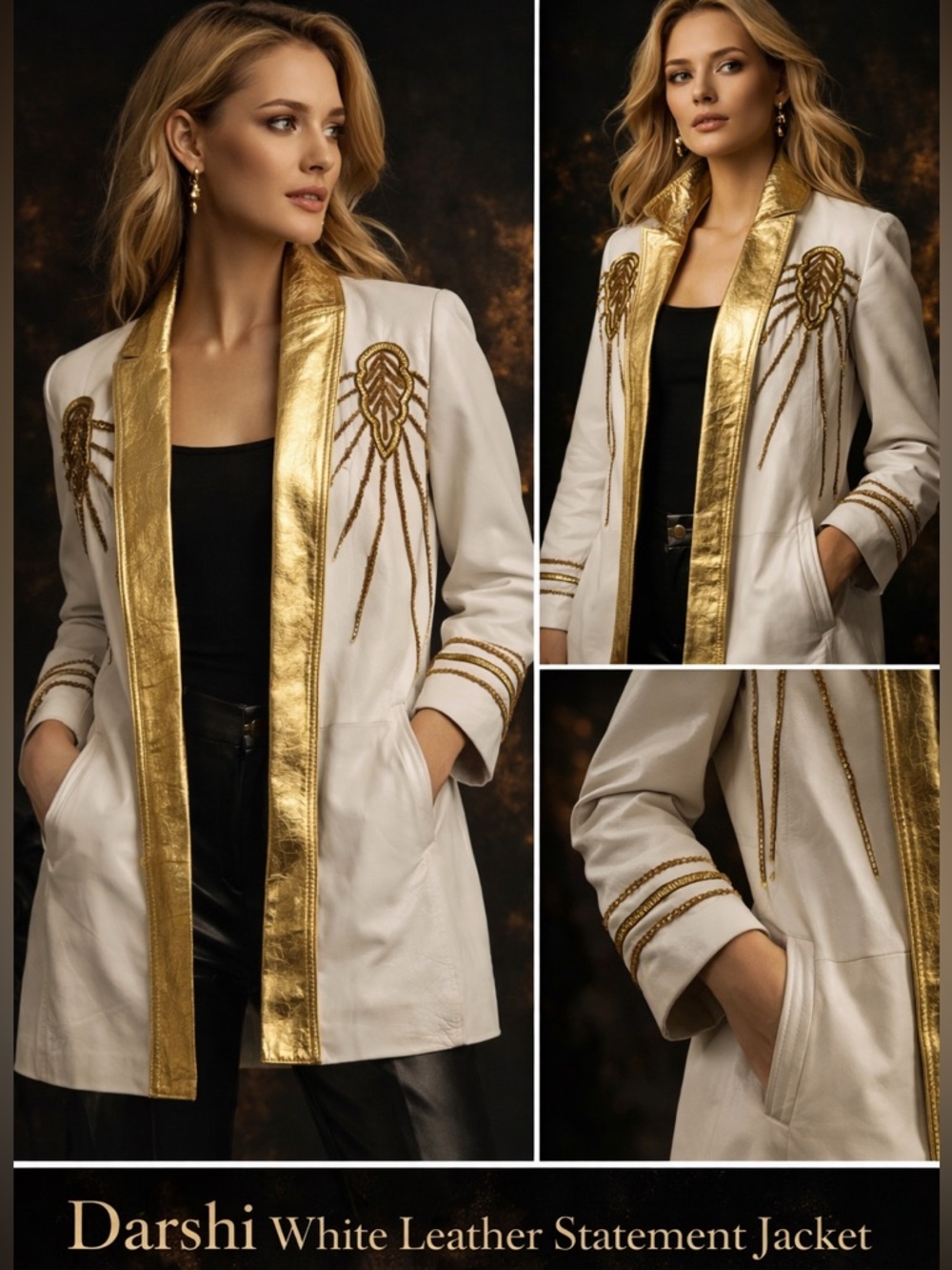 Darshi White Leather Gold Embellished Jacket Statement Luxury